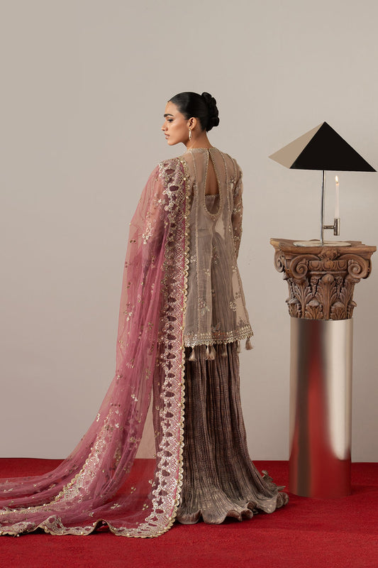 Afrozeh Gilded Grace – taupe and blush sharara formal, designer view 2
