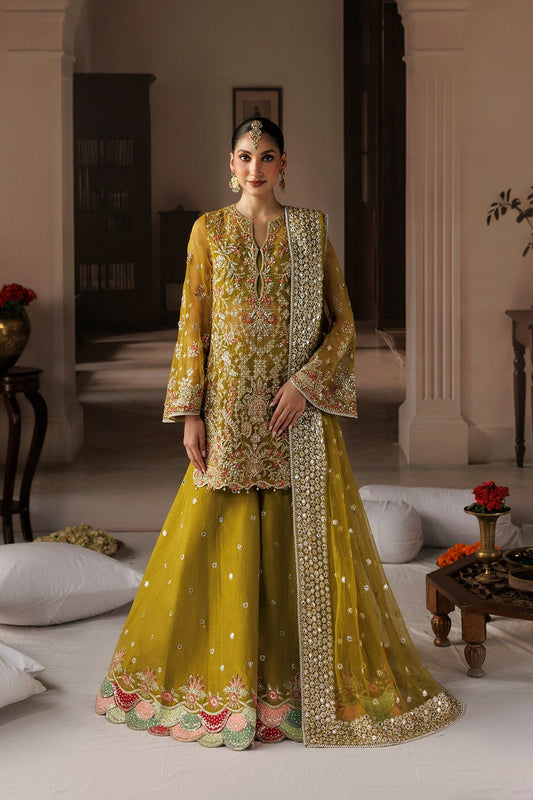Afrozeh Zarminay – mustard gold wedding formal, designer view 1