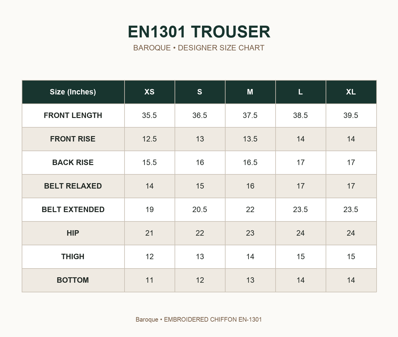 BAROQUE - EMBROIDERED CHIFFON EN-1301 — EN1301 TROUSER size chart