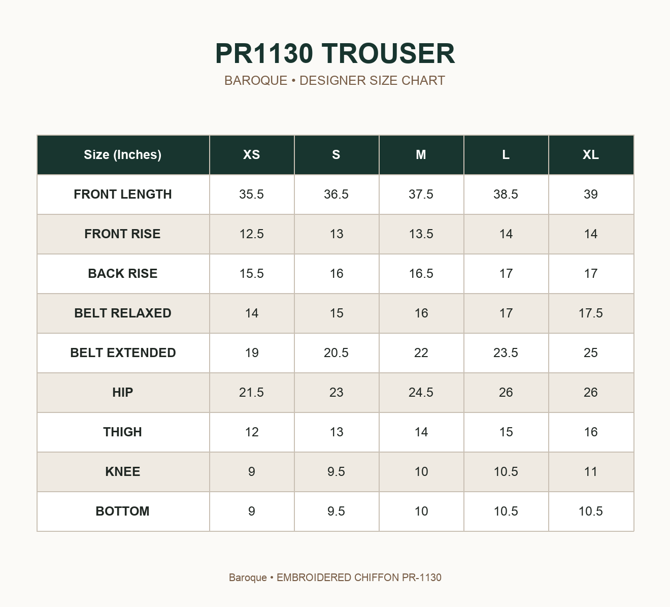 BAROQUE - EMBROIDERED CHIFFON PR-1130 — PR1130 TROUSER size chart