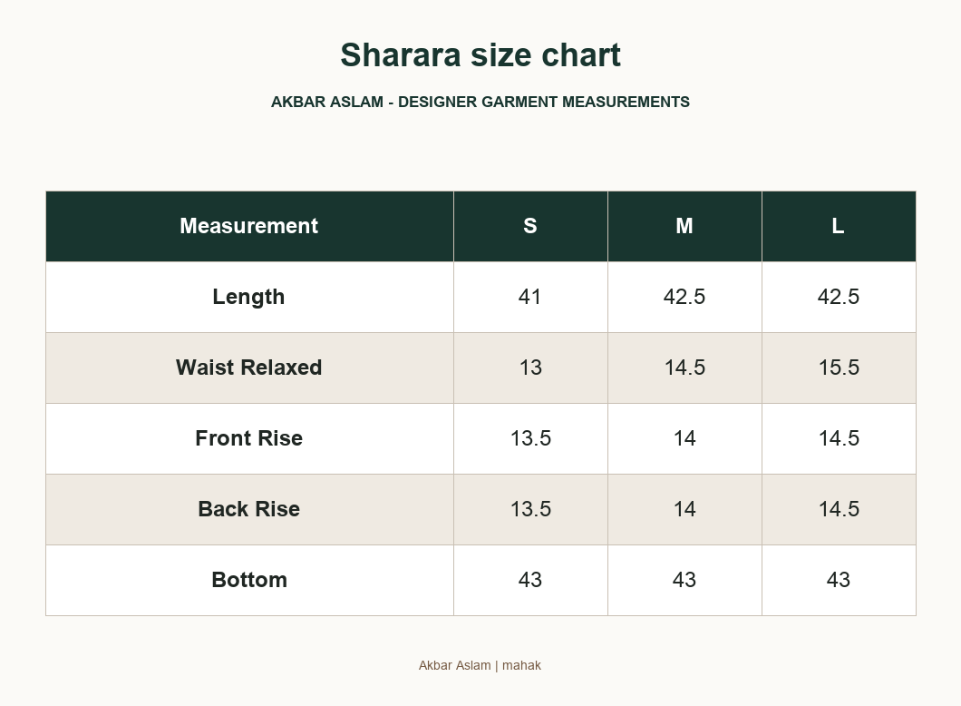Akbar Aslam mahak - Sharara size chart