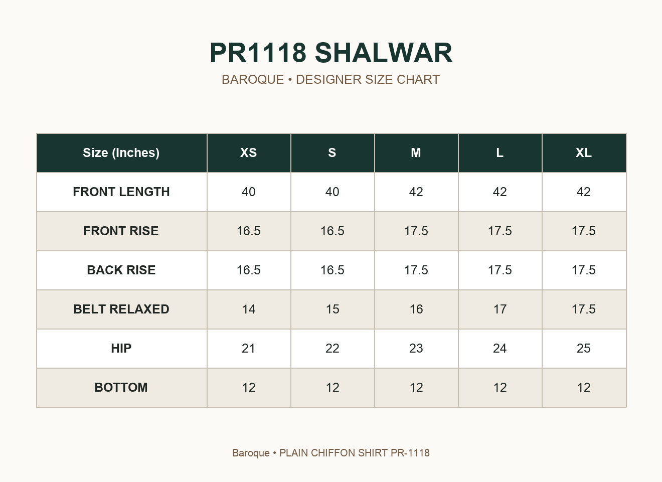 BAROQUE - PLAIN CHIFFON PR-1118 — PR1118 SHALWAR size chart