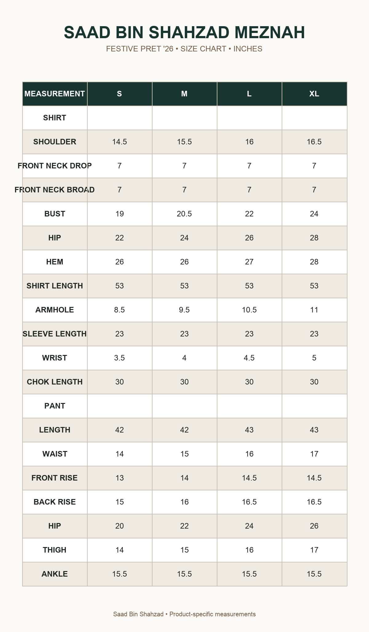 Saad Bin Shahzad Meznah size chart