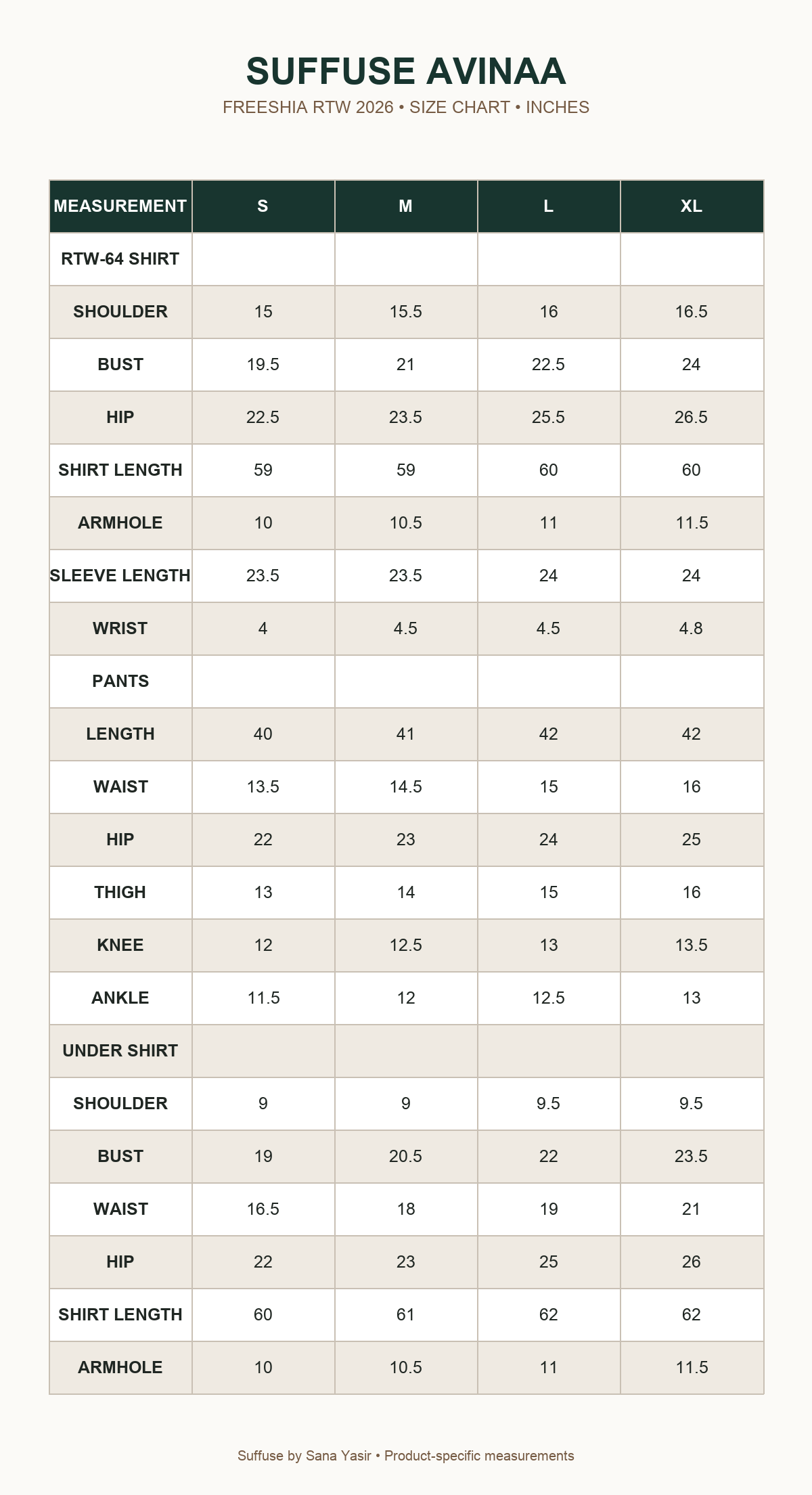 Suffuse Avinaa size chart