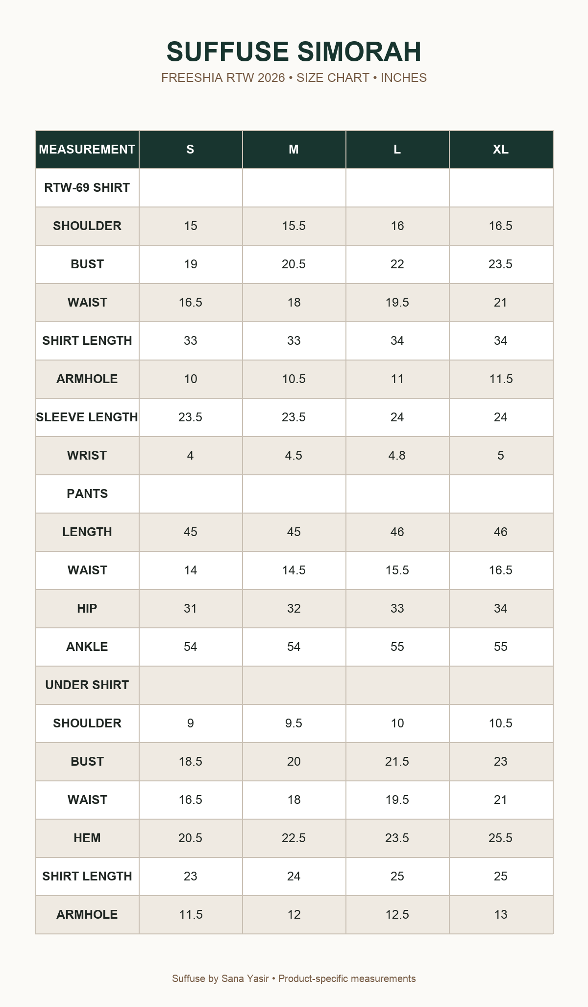 Suffuse Simorah size chart