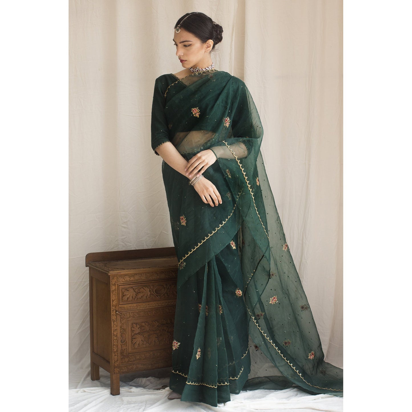 BOTTLE GREEN SAREE