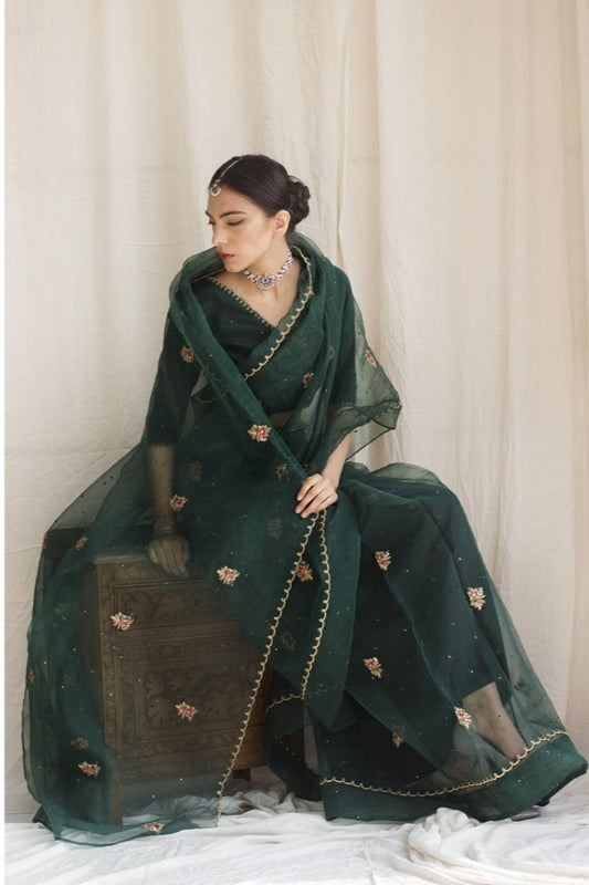 BOTTLE GREEN SAREE