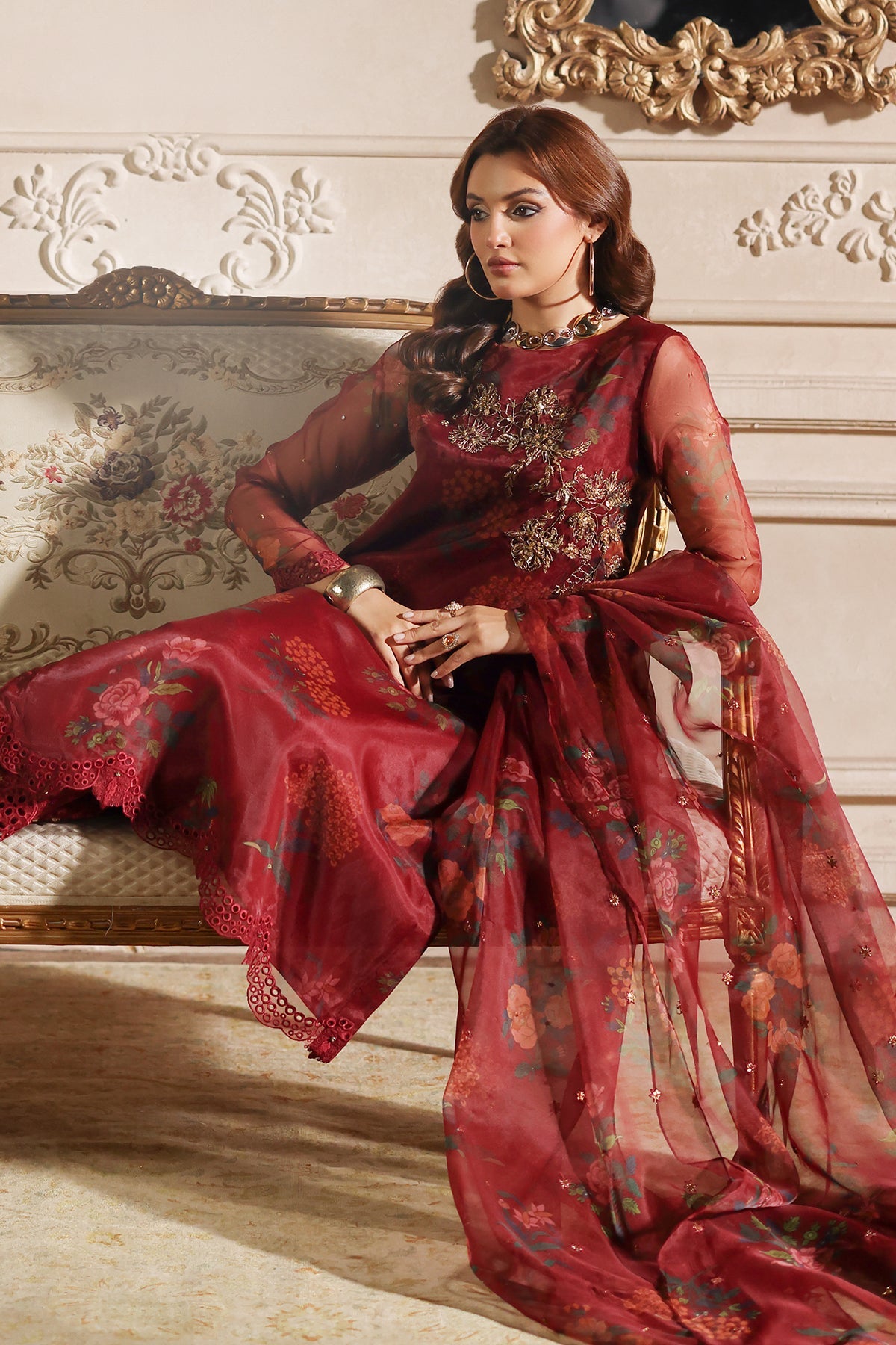 3-PC Embroidered Organza Shirt with Embroidered Organza Dupatta and Trouser CMA-4-074