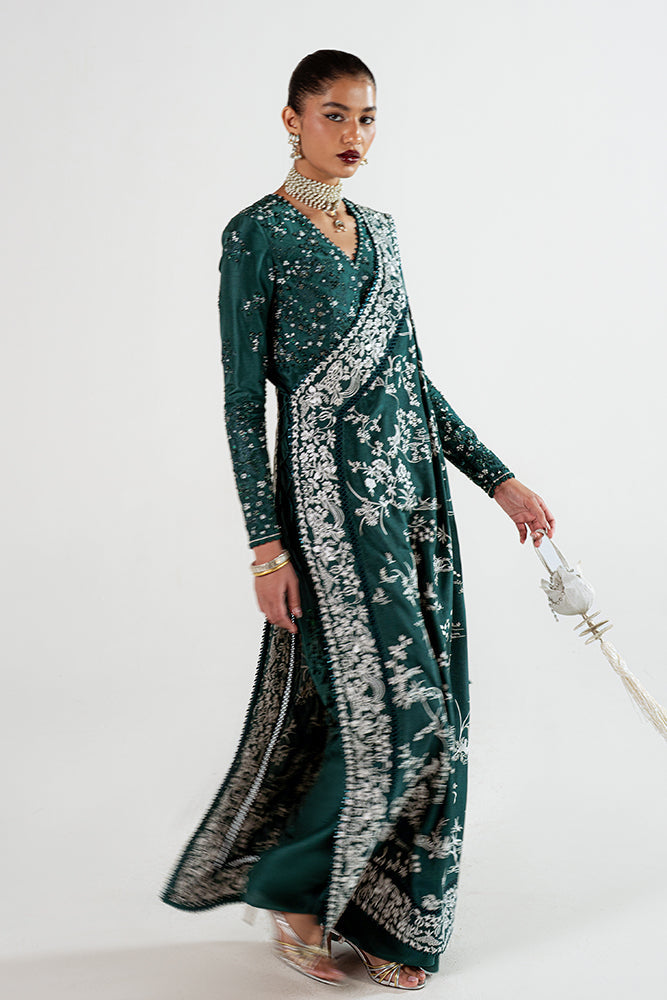 Suffuse Amarien teal Pakistani formal dress side view with silk drape