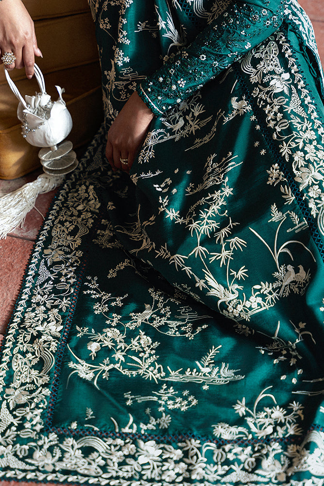 Suffuse Amarien teal silk drape with white shikargah embroidery detail