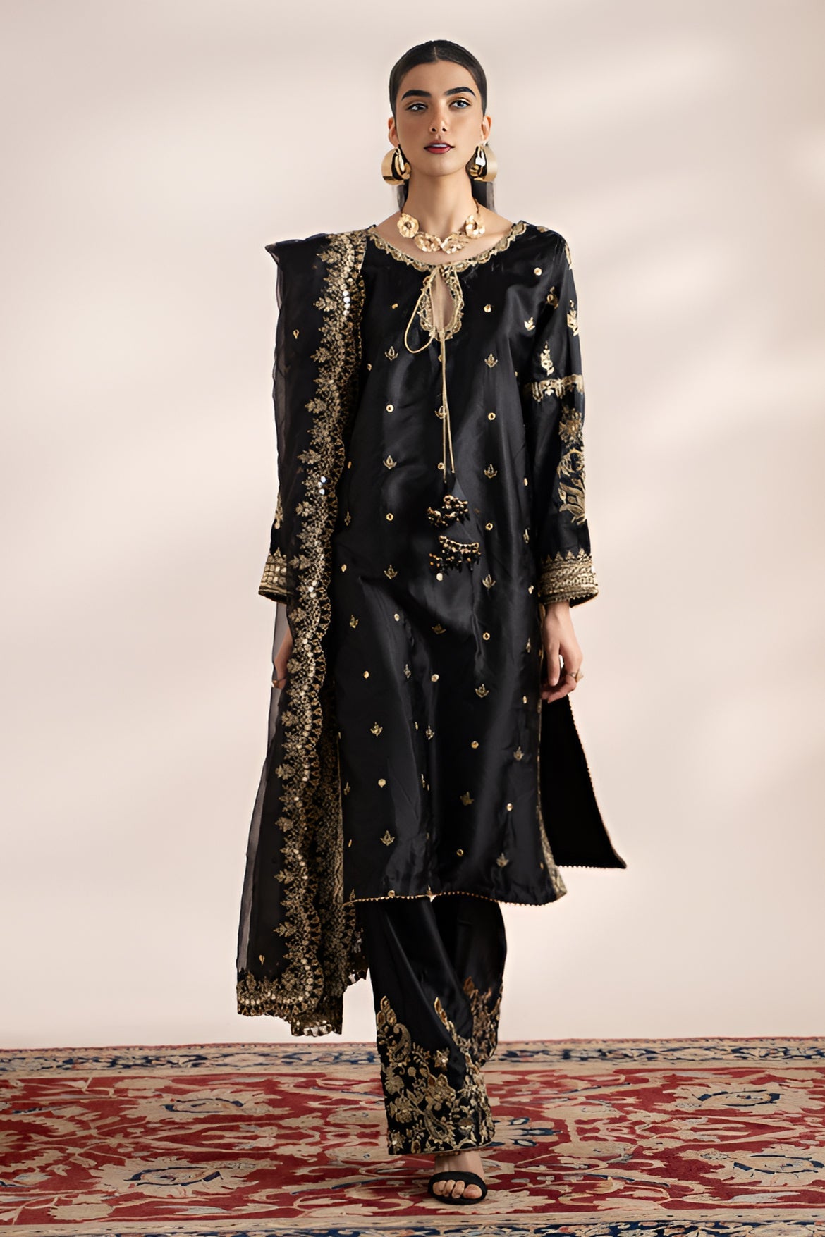 3-PC Sequence Embroidered Shirt with Trouser STM23-02 BLACK