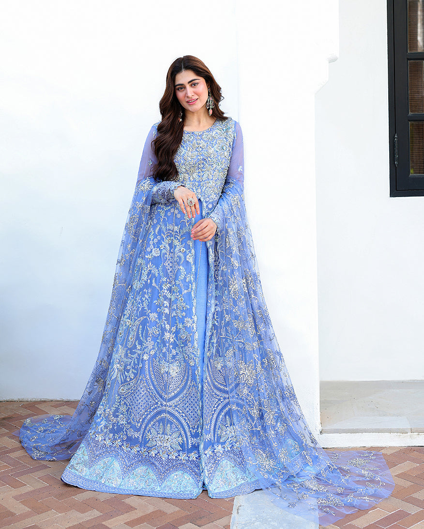 Mushq Blushing Bride blue chiffon formal with dupatta train