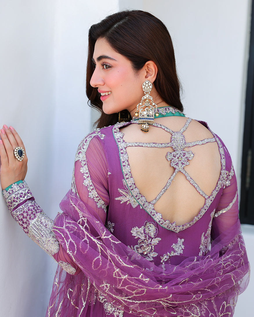 Mushq Dream Girl mauve chiffon formal back view