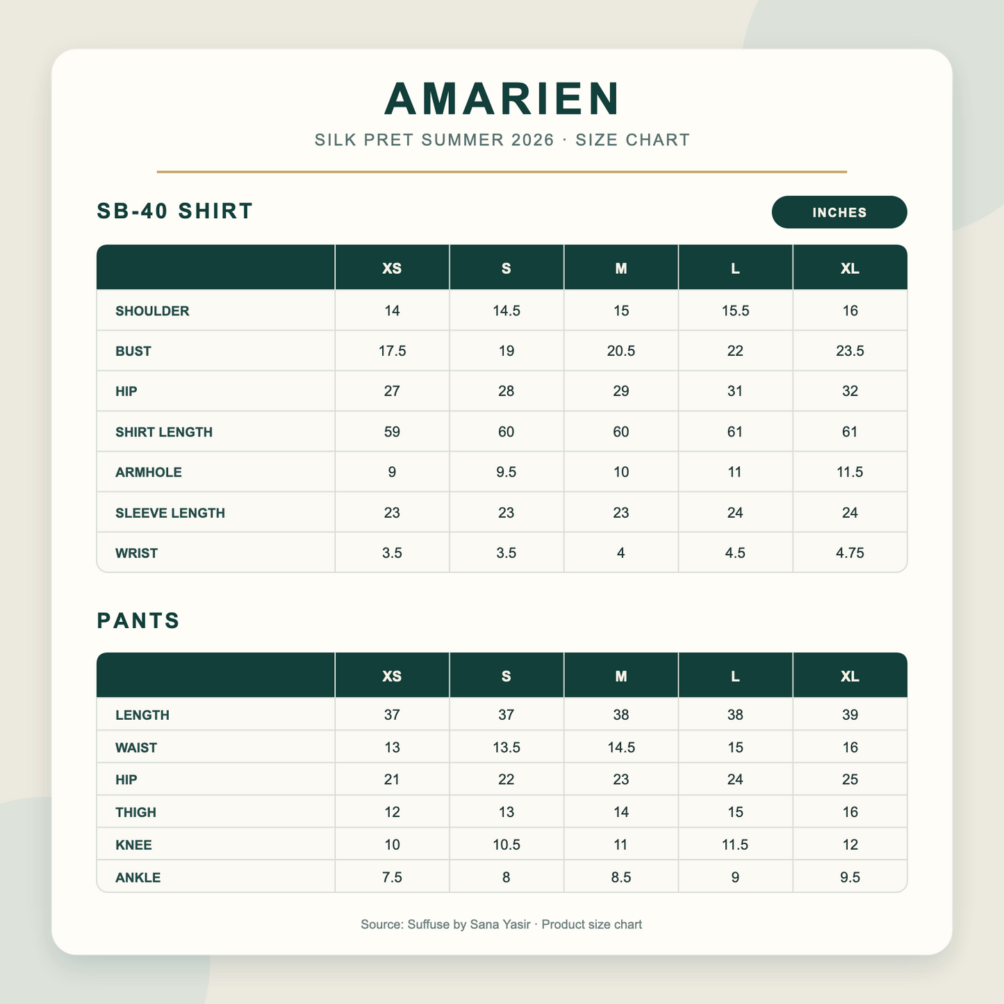 Suffuse Amarien size chart for Small Pakistani wedding outfit measurements