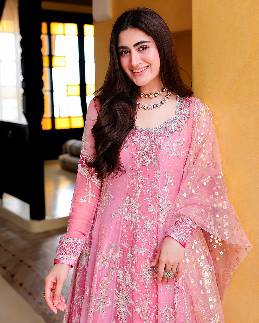 Mushq Pink Promise foil printed dupatta and sleeve detail