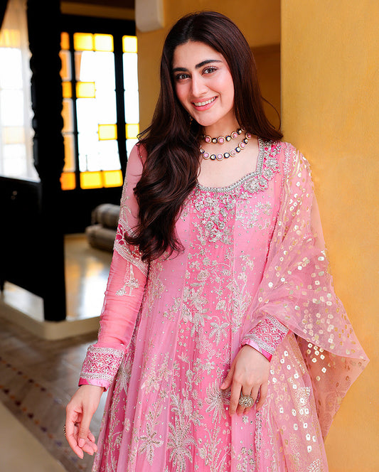 Mushq Pink Promise foil printed dupatta and sleeve detail