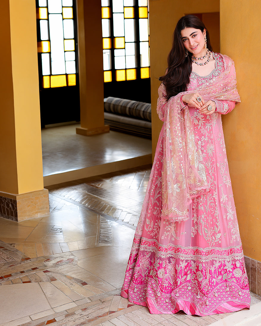 Mushq Pink Promise pink chiffon formal with foil printed dupatta