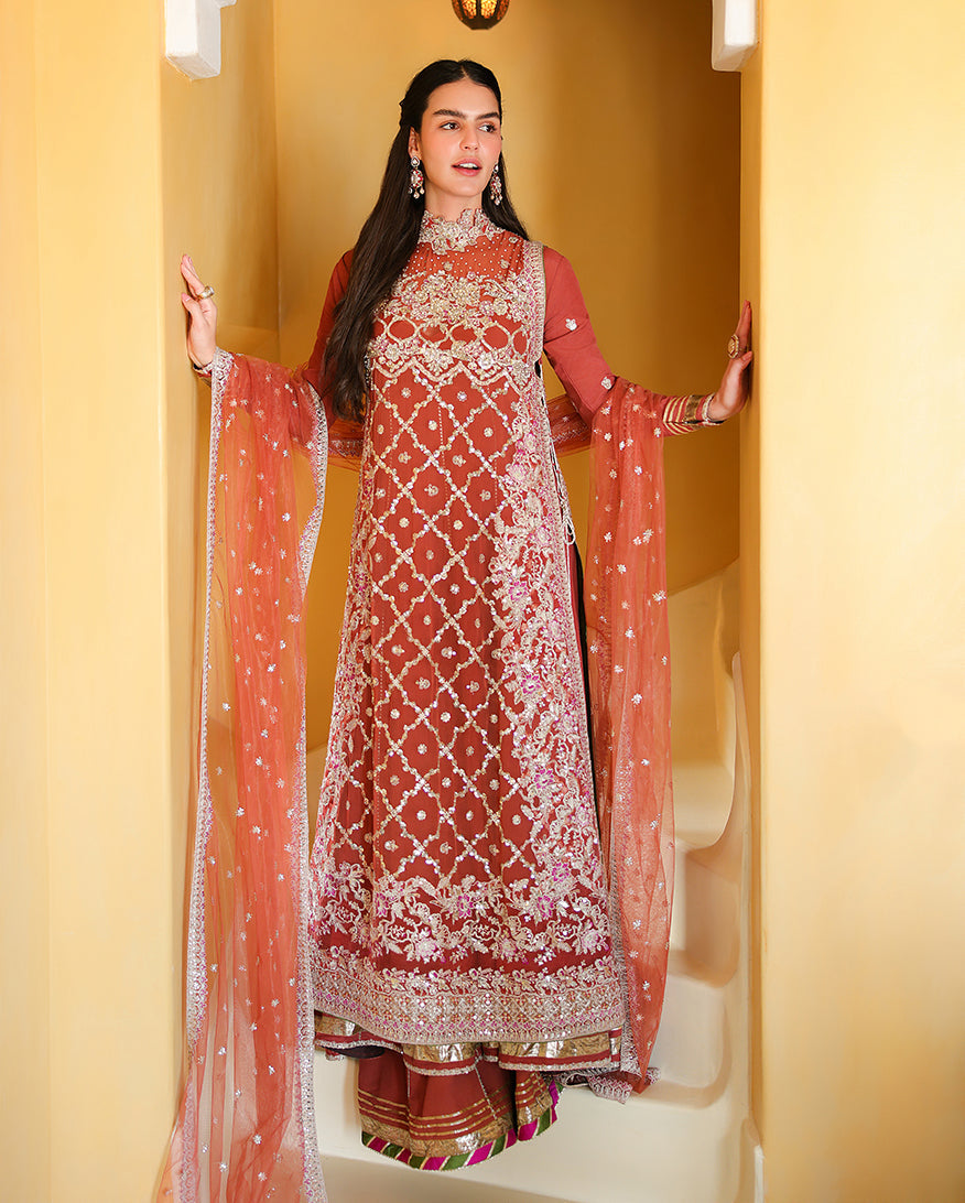Mushq Rose Romance rust orange chiffon formal with dupatta train