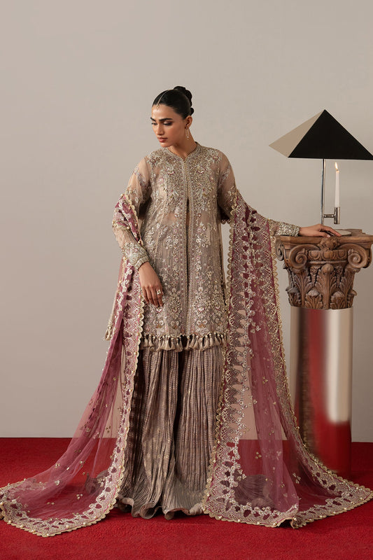 Afrozeh Gilded Grace – taupe and blush sharara formal, designer view 1