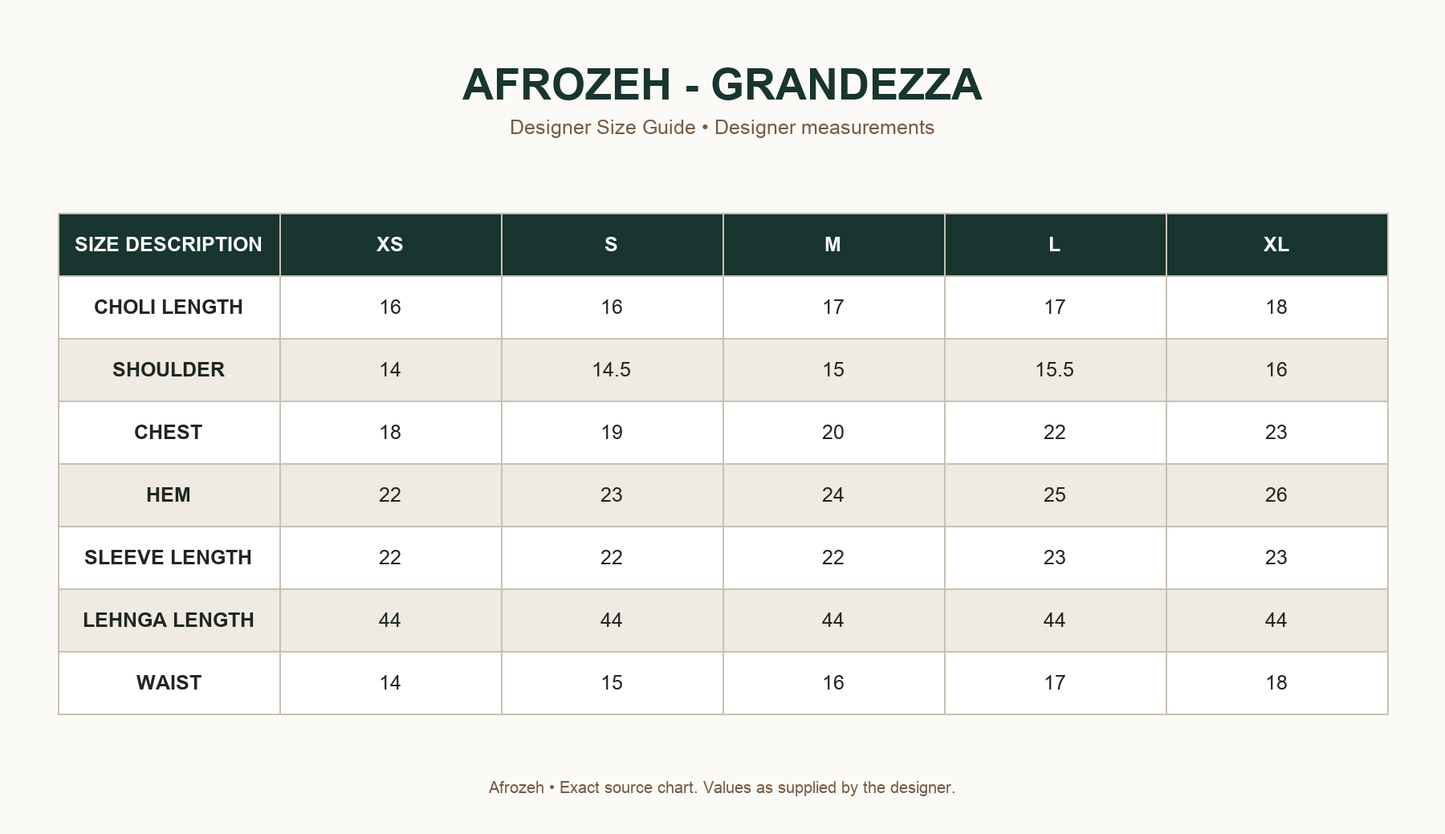AFROZEH - GRANDEZZA – exact designer designer size guide