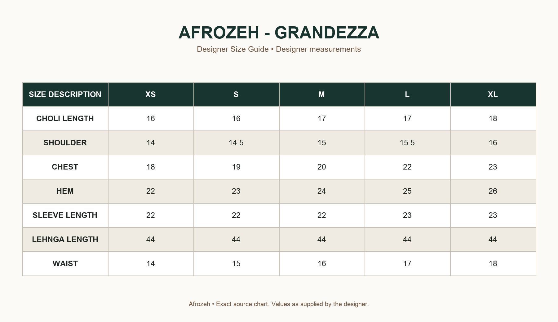 AFROZEH - GRANDEZZA – exact designer designer size guide