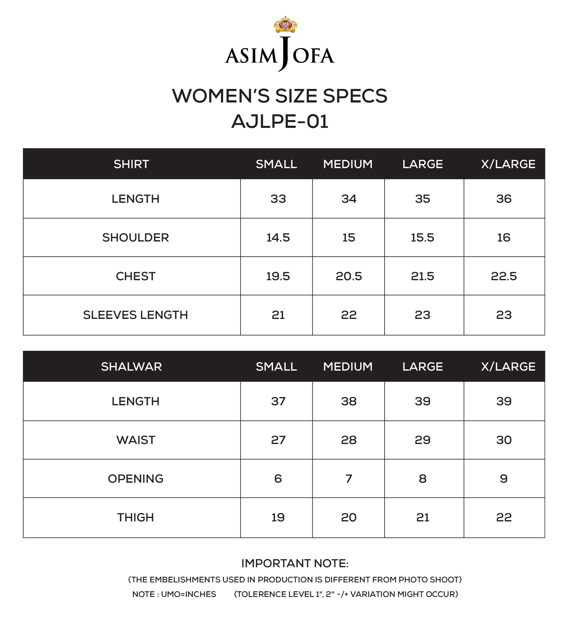 ASIM JOFA - AJLPE-01 EMBROIDERED BOSKI SILK STITCHED 2PCS size chart