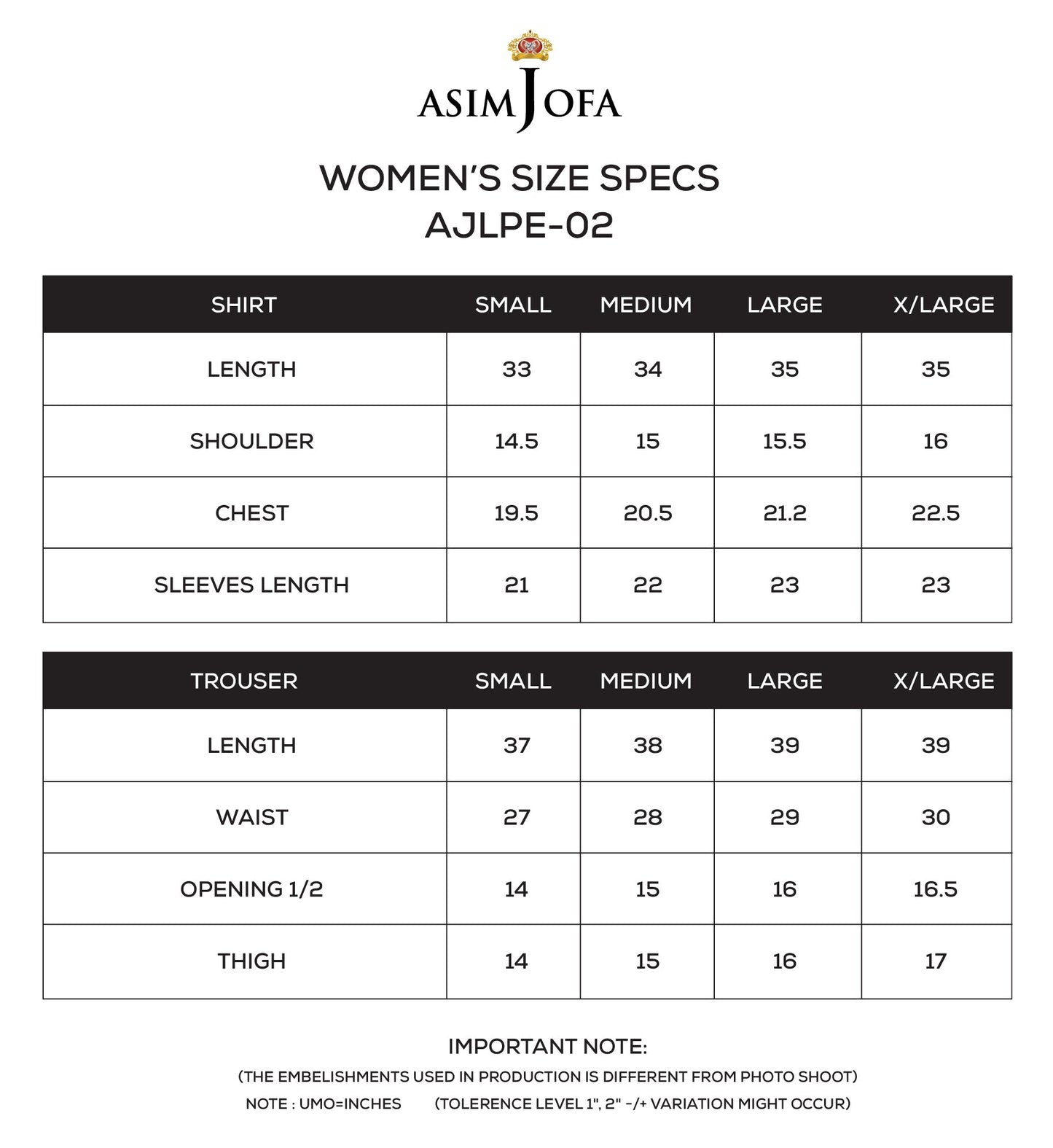 ASIM JOFA - AJLPE-02 EMBROIDERED BOSKI SILK STITCHED 2PCS size chart