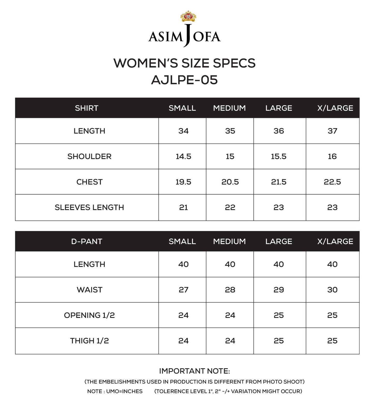 ASIM JOFA - AJLPE-05 EMBROIDERED EXCLUSIVE SILK STITCHED 2PCS size chart
