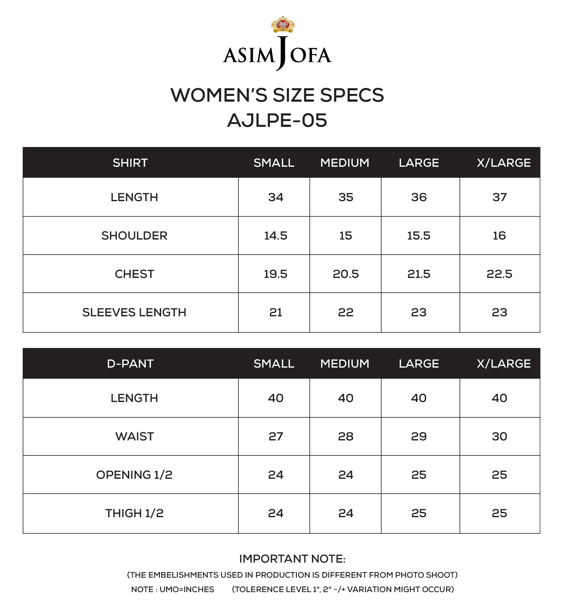 ASIM JOFA - AJLPE-05 EMBROIDERED EXCLUSIVE SILK STITCHED 2PCS size chart