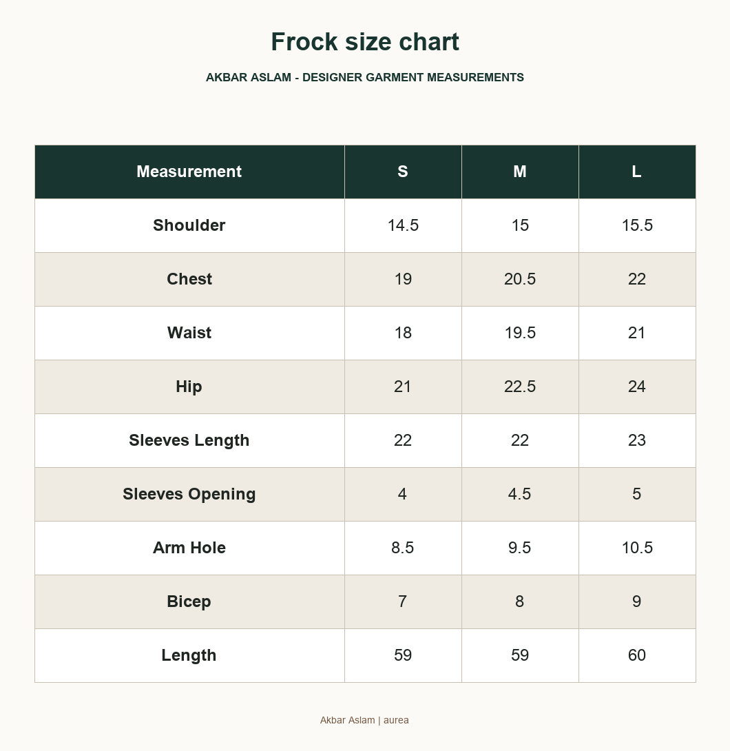 Akbar Aslam aurea - Frock size chart