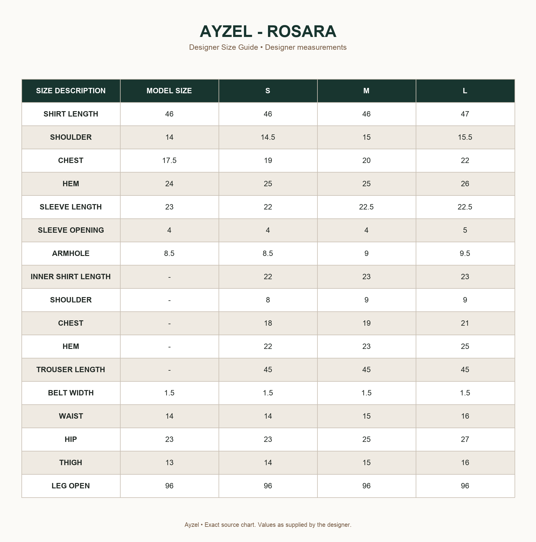 AYZEL - ROSARA – exact designer designer size guide