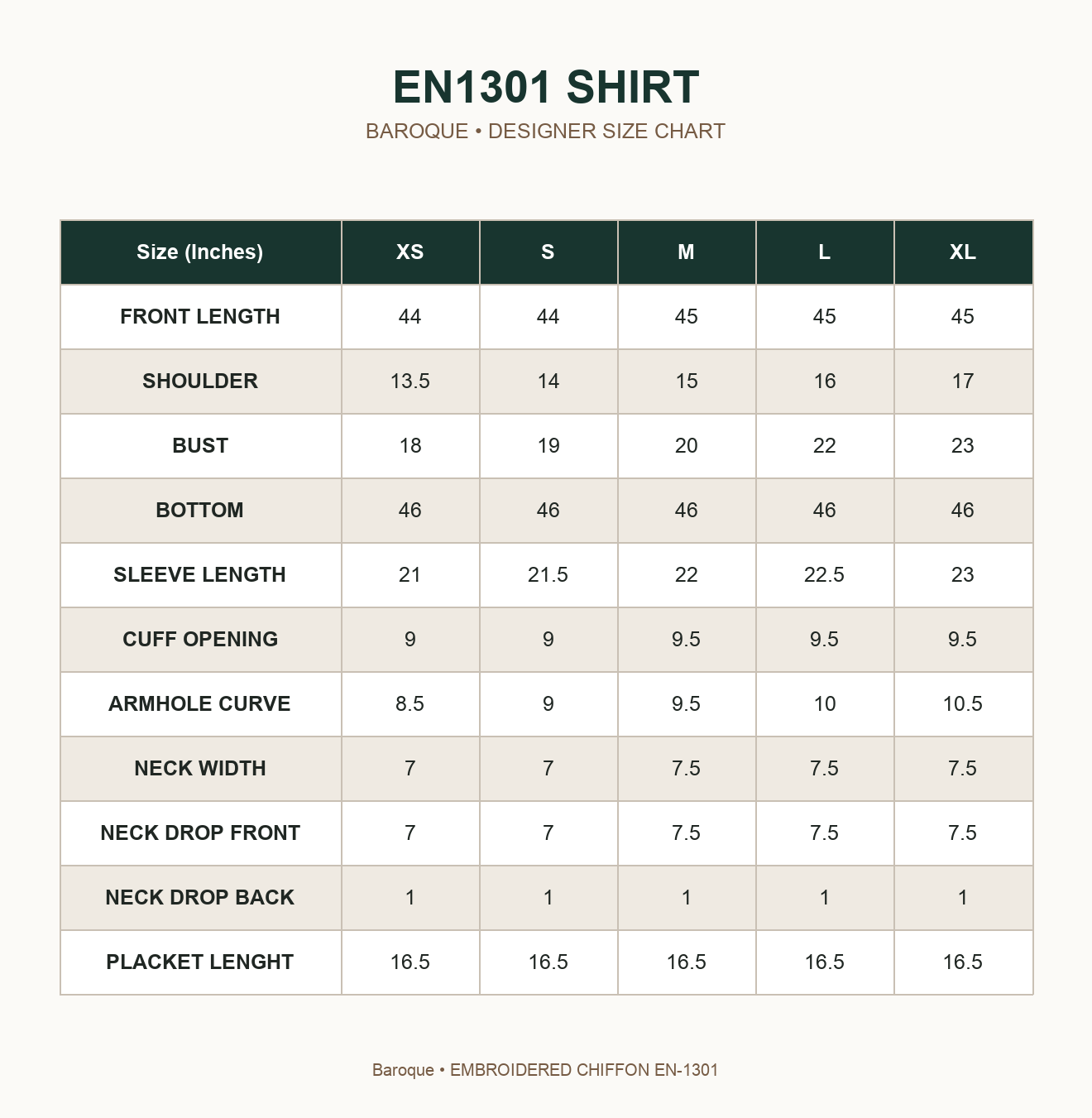 BAROQUE - EMBROIDERED CHIFFON EN-1301 — EN1301 SHIRT size chart