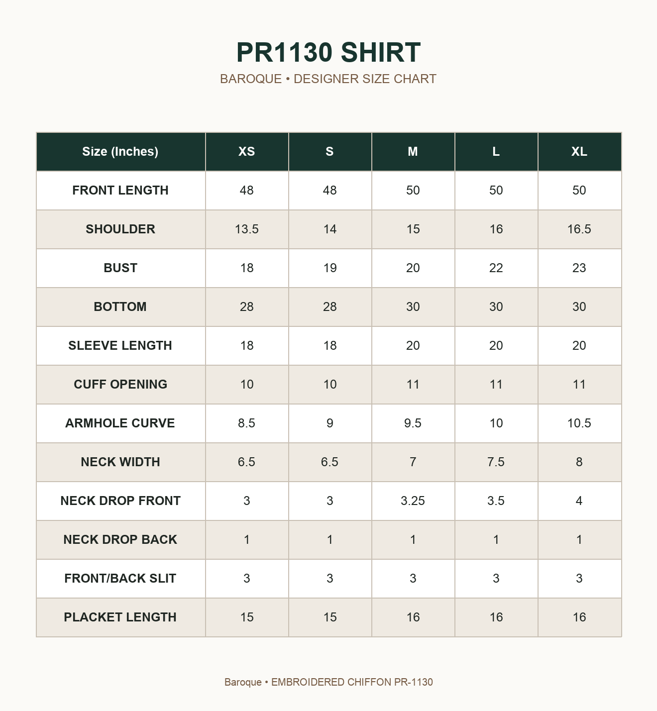 BAROQUE - EMBROIDERED CHIFFON PR-1130 — PR1130 SHIRT size chart