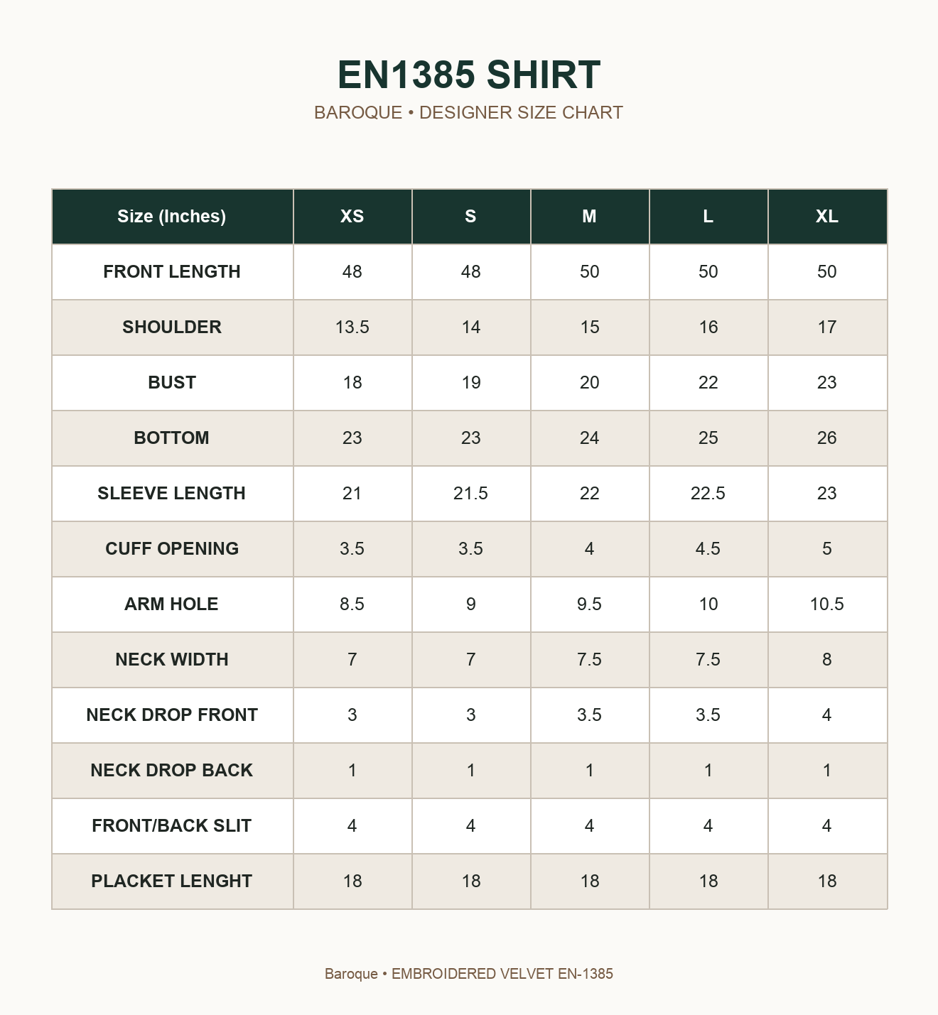 BAROQUE - EMBROIDERED VELVET EN-1385 — EN1385 SHIRT size chart