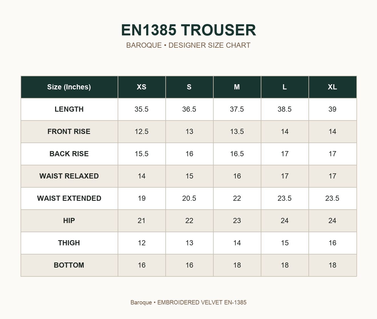 BAROQUE - EMBROIDERED VELVET EN-1385 — EN1385 TROUSER size chart