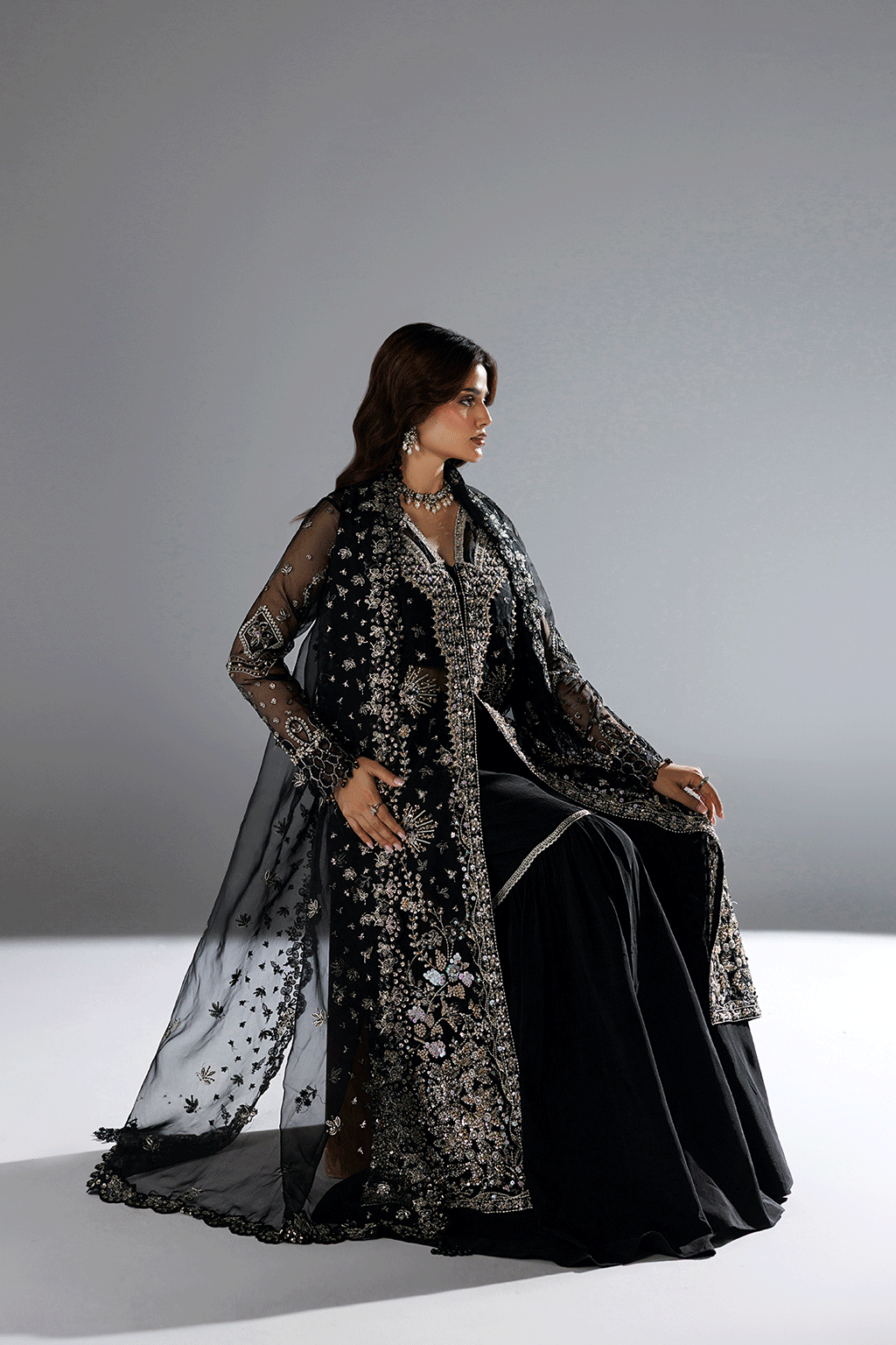 Ramsha H-606 Black Embellished Organza Gown — outfit view 7