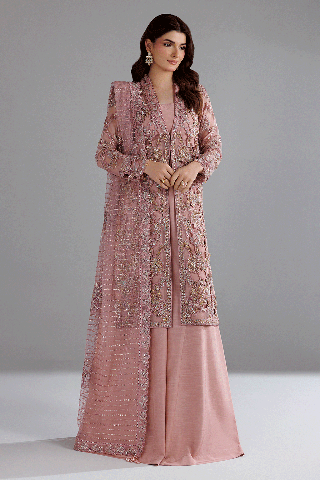 Ramsha H-608 Pink Embellished Organza Gown — outfit view 1