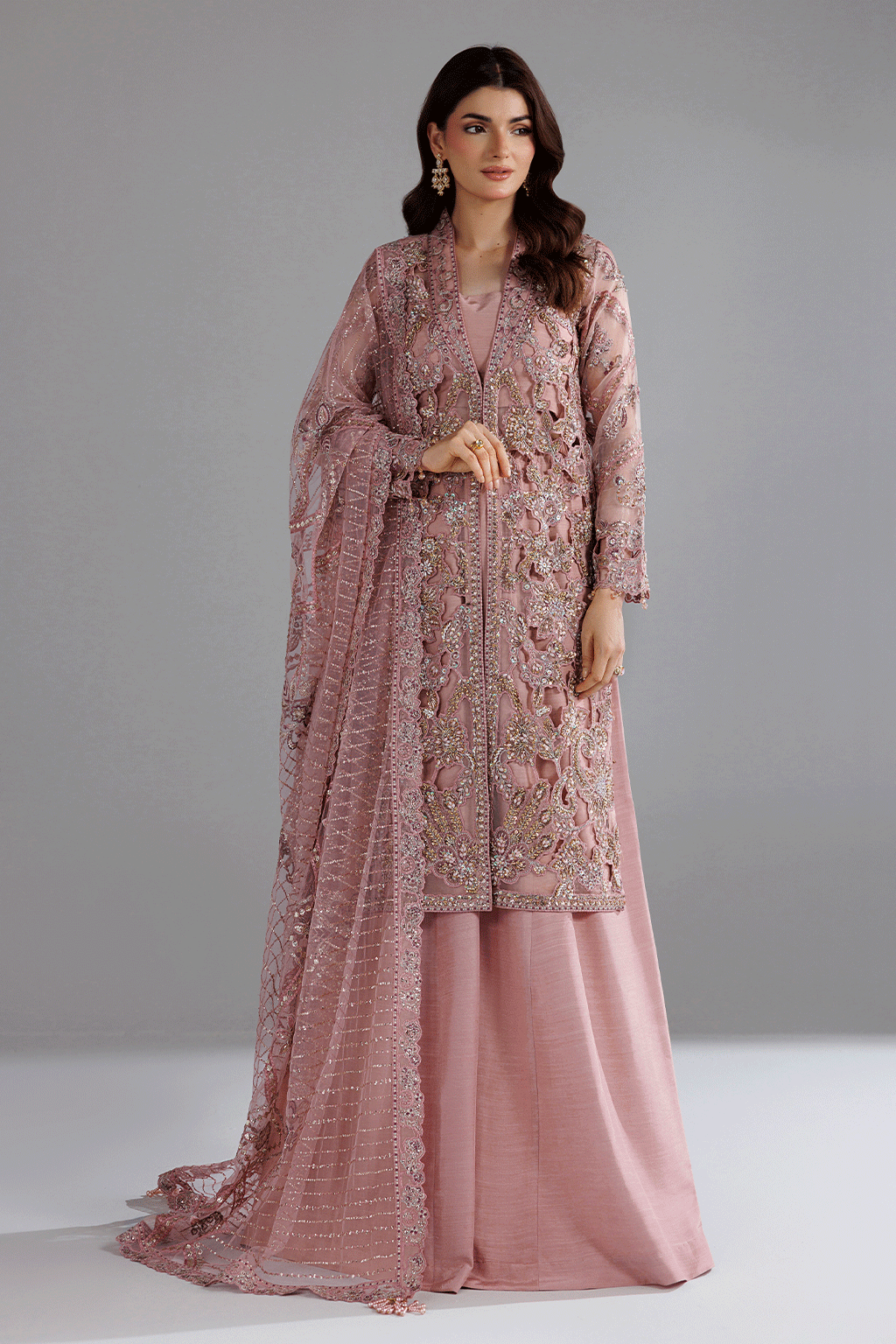 Ramsha H-608 Pink Embellished Organza Gown — outfit view 2