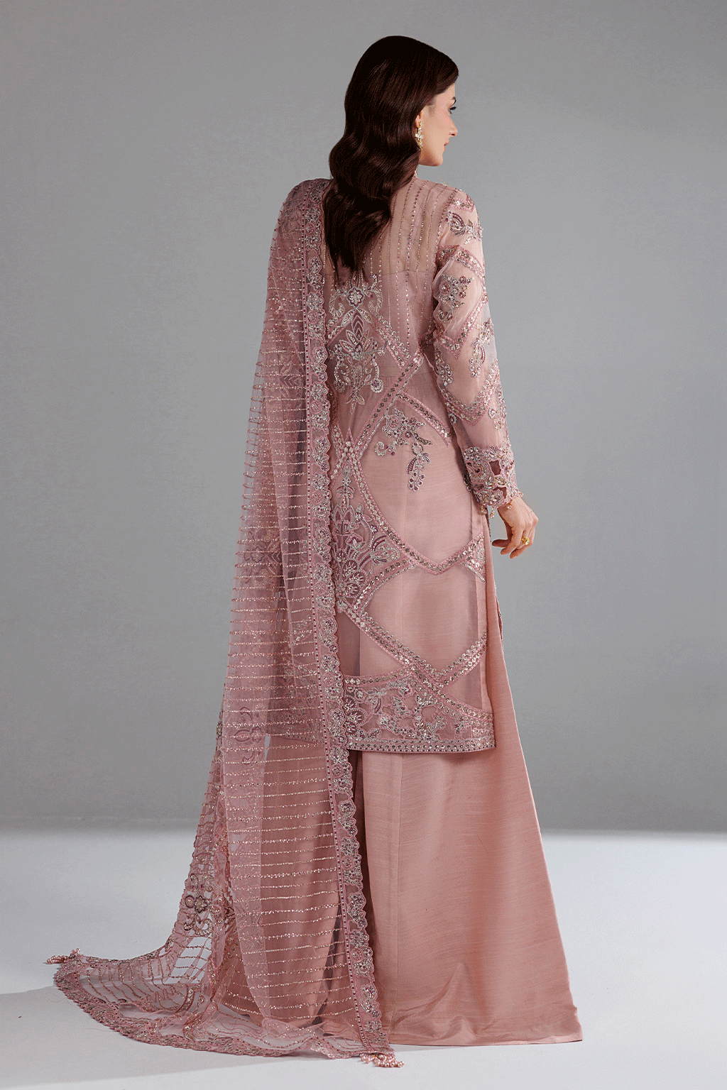 Ramsha H-608 Pink Embellished Organza Gown — outfit view 3