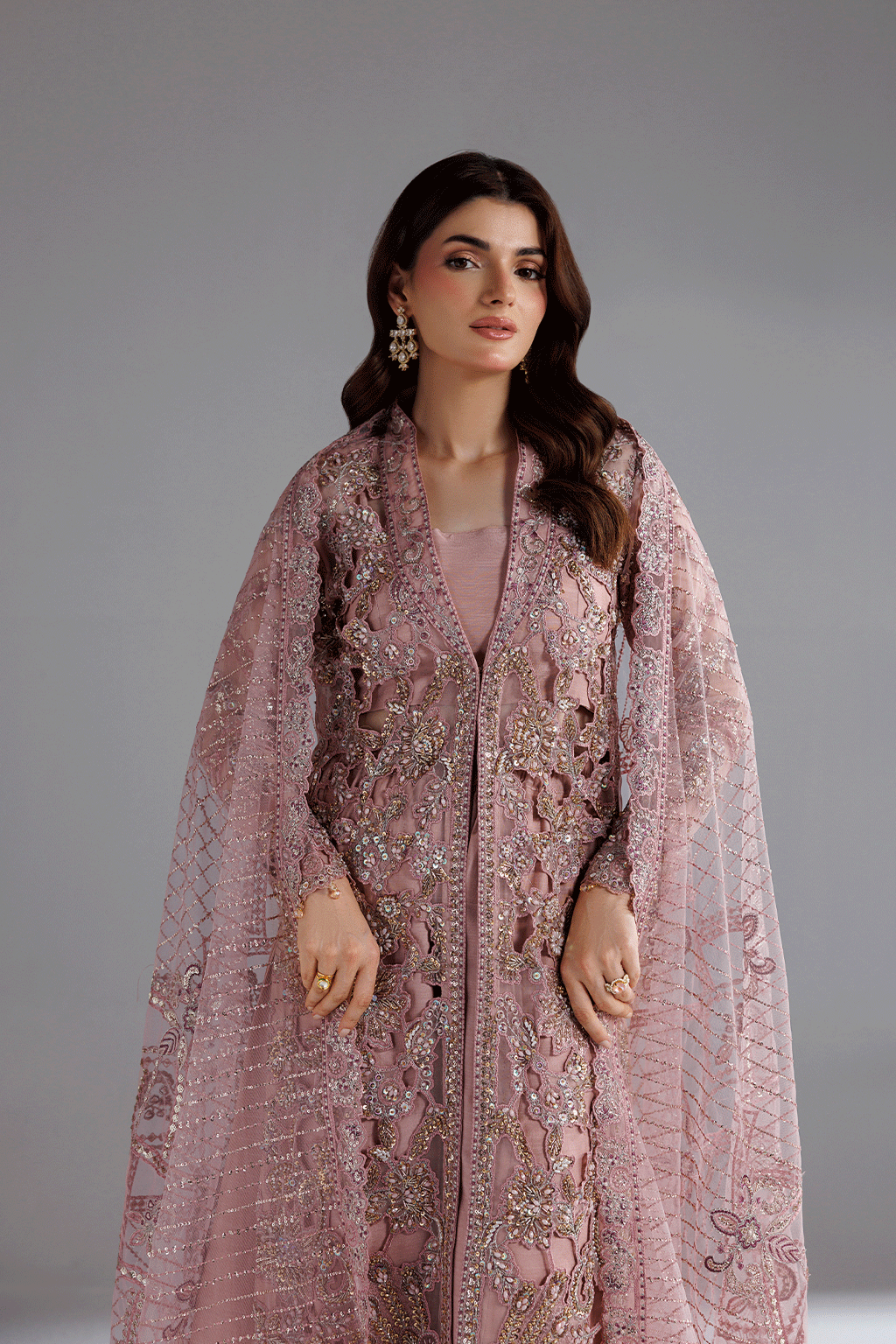Ramsha H-608 Pink Embellished Organza Gown — outfit view 5