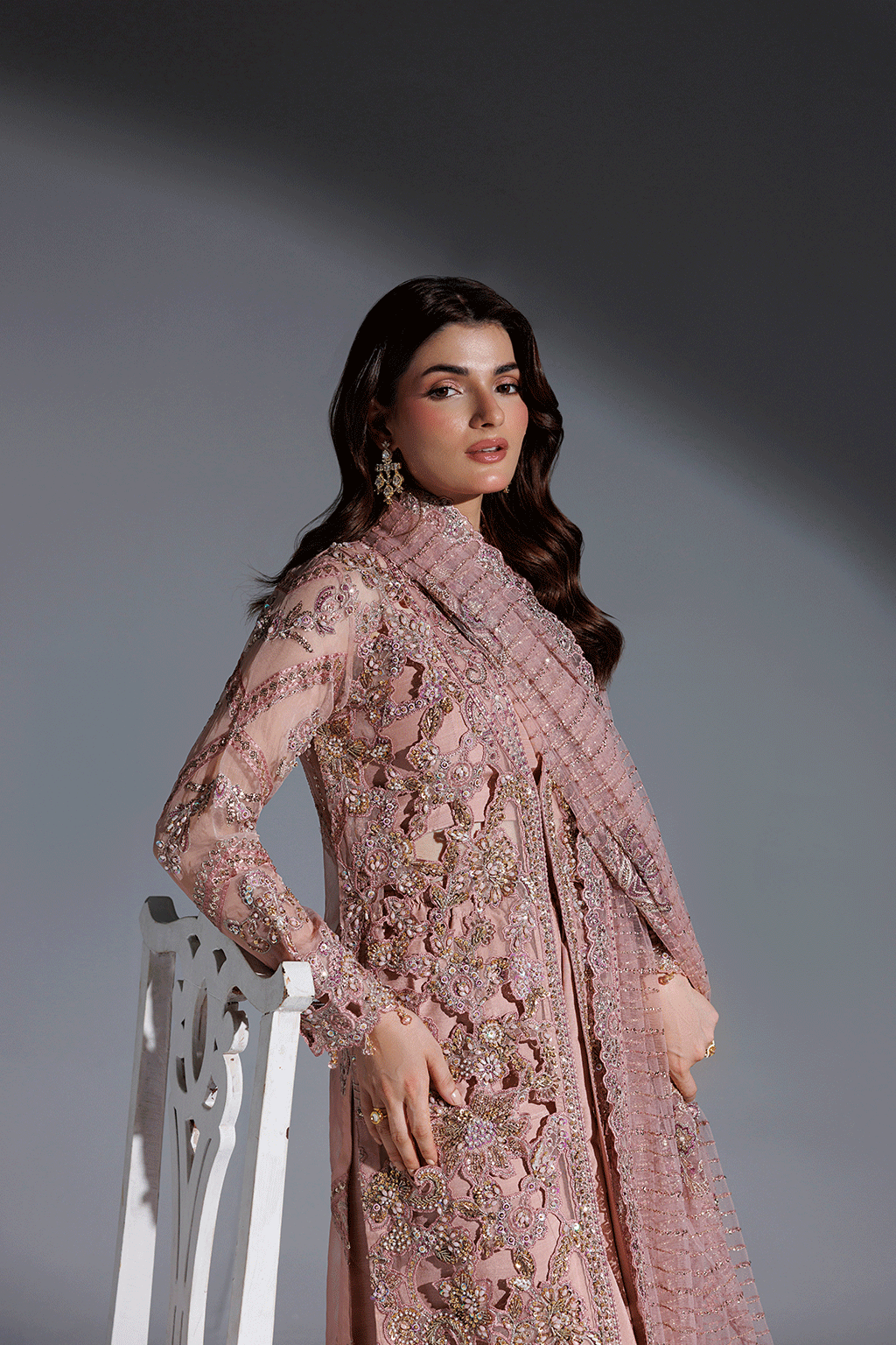 Ramsha H-608 Pink Embellished Organza Gown — outfit view 6