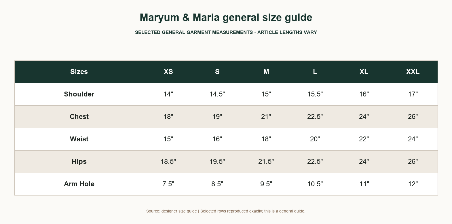 Maryum & Maria general designer size guide - garment lengths may vary by article