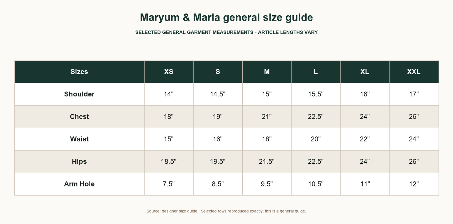 Maryum & Maria general designer size guide - garment lengths may vary by article