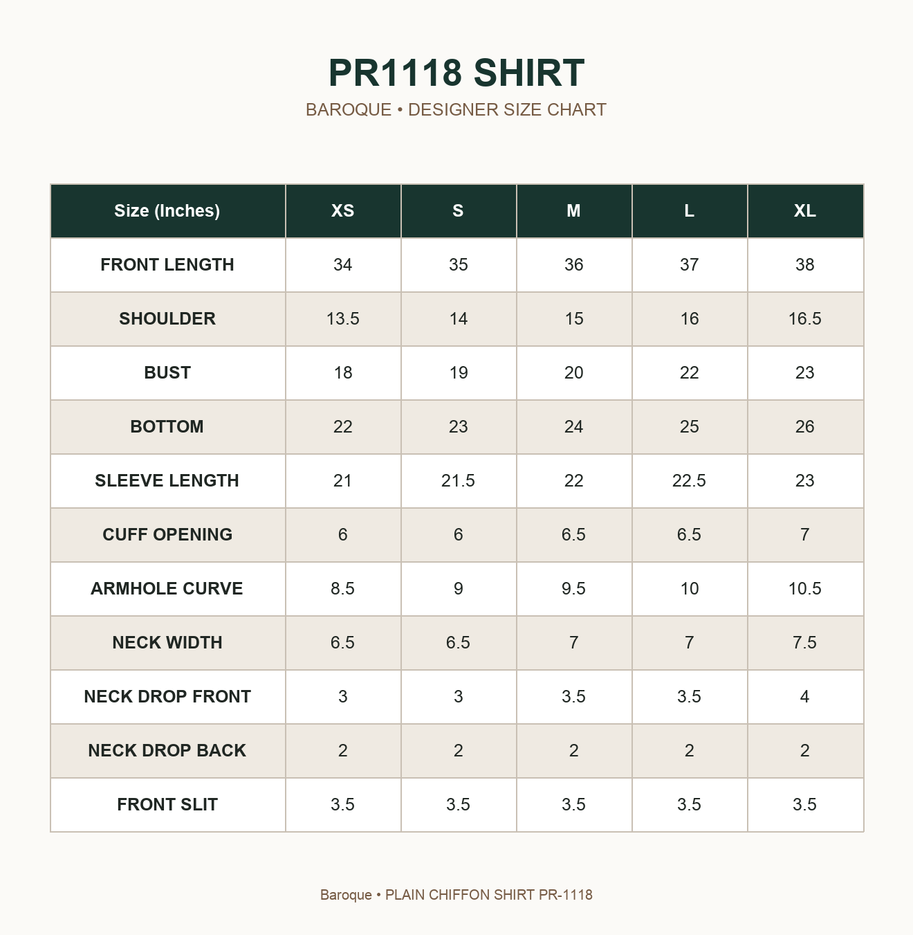 BAROQUE - PLAIN CHIFFON PR-1118 — PR1118 SHIRT size chart