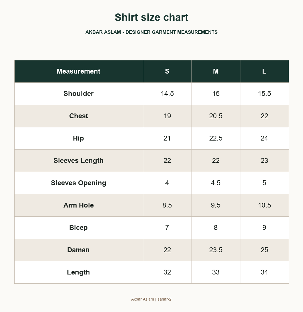 Akbar Aslam sahar-2 - Shirt size chart