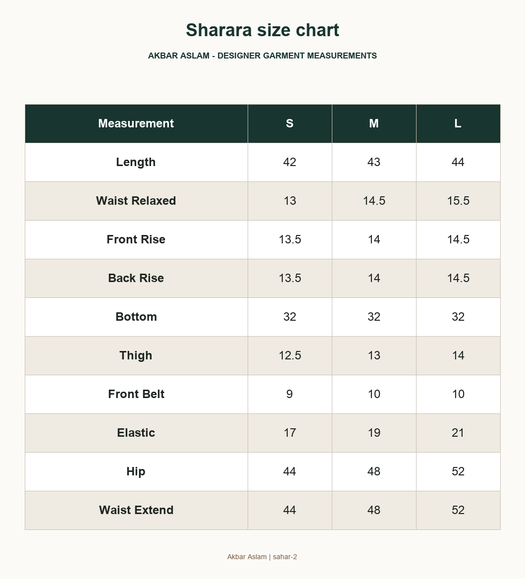 Akbar Aslam sahar-2 - Sharara size chart
