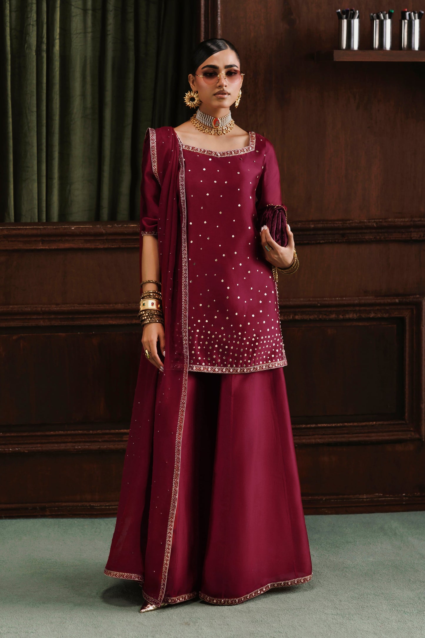 Akbar Aslam Sahar Red Silk Sharara Formal — outfit view 1