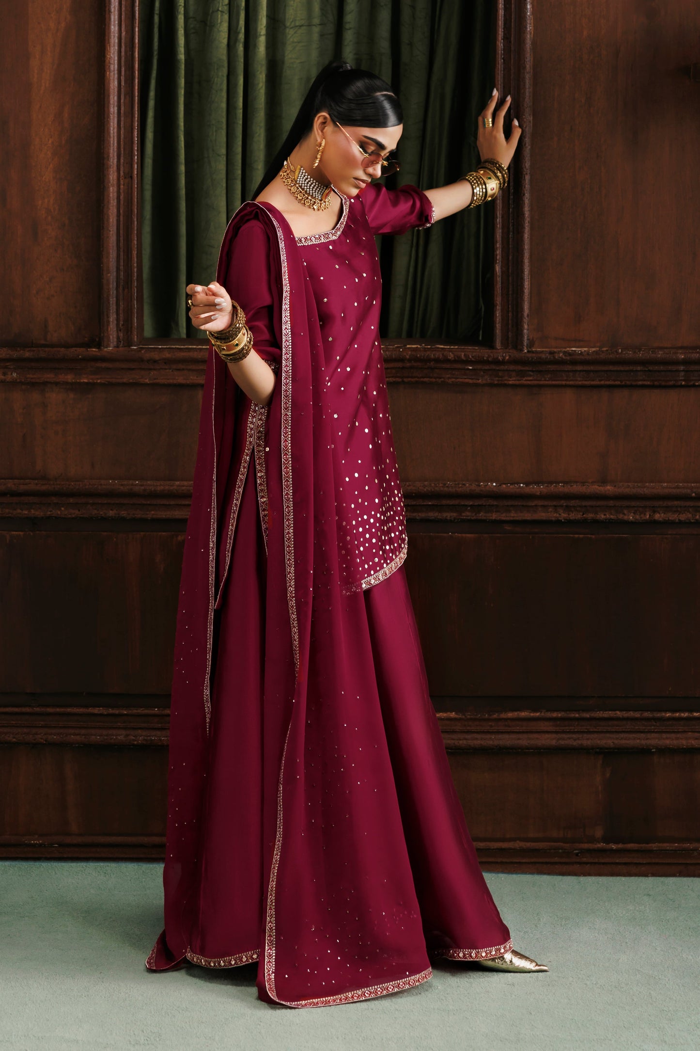 Akbar Aslam Sahar Red Silk Sharara Formal — outfit view 5
