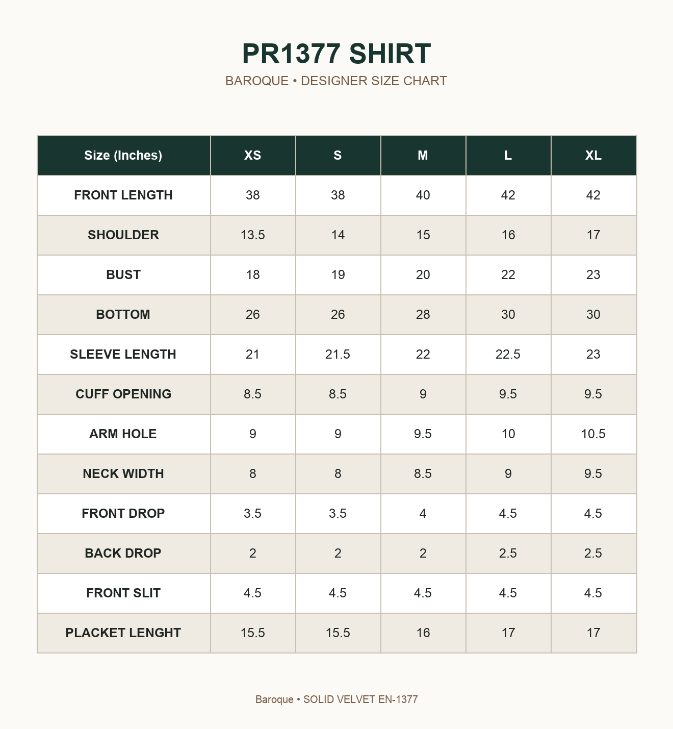 BAROQUE - SOLID VELVET EN-1377 — PR1377 SHIRT size chart