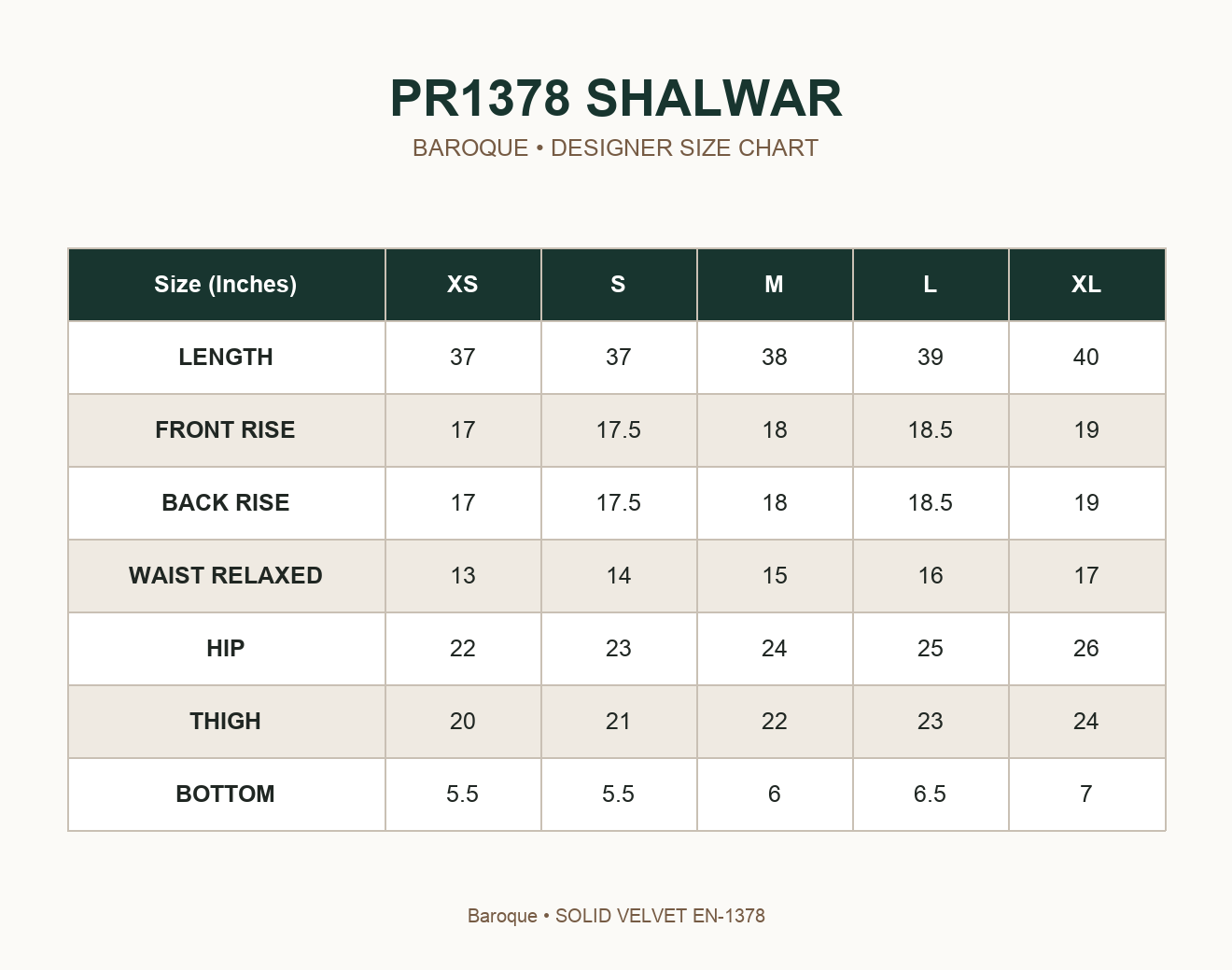 BAROQUE - SOLID VELVET EN-1378 — PR1378 SHALWAR size chart